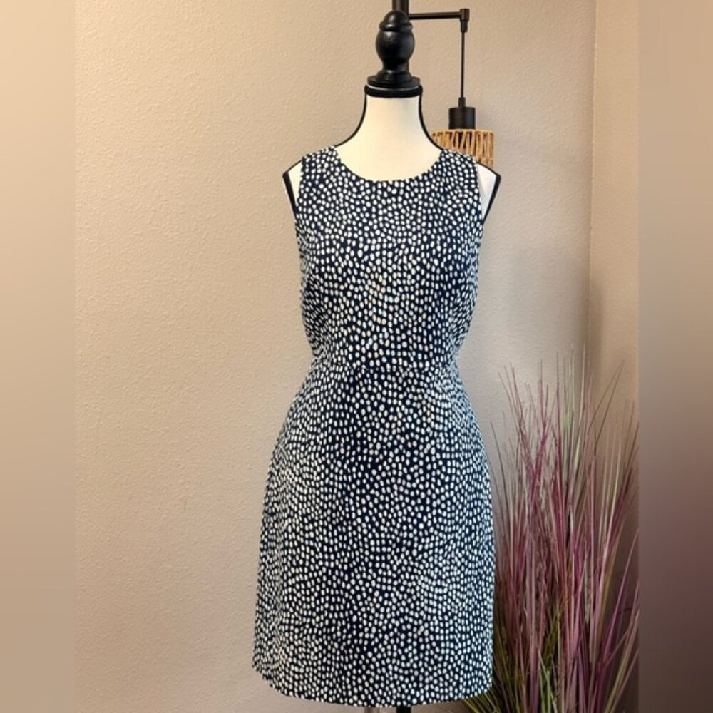J Crew Dress Sleeveless Lined Sheath Navy Blue With White Dots Size 8